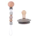 Handmade beechwood pacifier clip with grey silicone octagonal beads and knitted ball set - Khaki