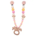 Attache-tétine en perles de crochet roses et jaunes avec clips licorne et anneau cheval - Licorne Jouet Poussette
