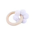 Natural wood baby teether ring with six white handcrafted crochet beads for soothing - White