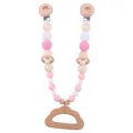 Attache-tétine en bois de hêtre et silicone rose avec perles tricotées - Attache Poussette Nuage
