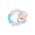 Silicone and wooden baby teething bracelet featuring blue beads and dinosaur rattle rings - Blue Teether