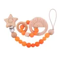 Orange silicone and beech wood baby pacifier clip and sun teething ring set - Sunflower Style