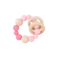 Pink silicone and wooden bead baby teether ring with natural wood rings and soft textures - Pink Teether
