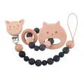 Beech wood and black silicone baby pacifier clip set with a cat teether ring - Cat Style