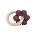 Infant beech wood teething ring with dark brown handmade crochet beads and rattle - Coffee