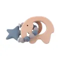 Ensemble anneau de dentition éléphant en hêtre et perles silicone bleues - Anneau de Dentition Éléphant