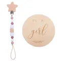 Baby pacifier clip set with pink beads and wooden star clip plus wooden milestone card - Pink Style