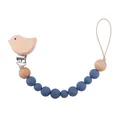 Blue silicone and wood pacifier clip with bird-shaped clip on white background - Bird Pacifier Chain
