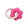 Infant wooden ring teether with handmade bright pink crochet beads for baby teething - Rose Red