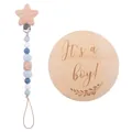 Baby pacifier clip set with blue silicone beads and It's a boy wooden milestone disc - Blue Style