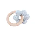 Natural beech wood teether ring with five light blue hand-crocheted cotton beads - Light Blue