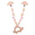 Pink silicone baby teether clip chain with dinosaur wooden ring and small bells - Pink Stroller Hanging