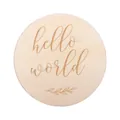 Carta traguardo neonato in legno fatta a mano con incisione hello world e foglie - Hello World Corsivo (12#)