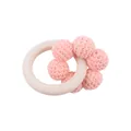 Infant wooden teething ring with soft pink crochet beads for sensory play and gum relief - Rose Pink
