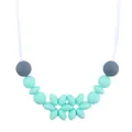 Silicone baby teething necklace with mint green and grey cartoon flower beads on a white cord - Mint Green