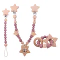 Handmade beech wood and pink silicone star pacifier clips with a matching baby rattle toy - Star (Set) / Star Set