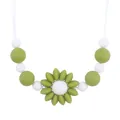 Silicone baby teething necklace with green flower pendant and round beads on white cord - Avocado Green