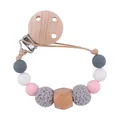 Baby Schnullerkette mit grauen und rosa Silikonperlen und Buchenholz-Geometrieelementen - Rosa