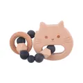 Cat beech wood teething ring with black silicone beads and natural wooden rattle set - Cat Teether