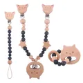 Baby Schnullerketten Set aus Buchenholz und grauem Silikon mit Katzenmotiven - Katzen-Box-Set