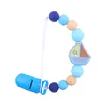 Blue silicone baby pacifier clip with cartoon sailboat charm and round teething beads - Blue