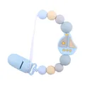 Blue silicone pacifier clip with cartoon sailboat bead and soft neutral color teething beads - Light Blue