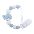 Baby pacifier clip with blue whale silicone beads and white safety clip for teething - Grey Blue