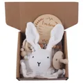 Baby gift set with white plush bunny, silicone pacifier, and wood teething ring - White