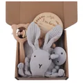 Grey bunny security blanket with wooden rattle and silicone pacifier baby gift set - Gray