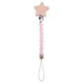 Pink silicone beads pacifier clip with beech wood star and durable beige loop cord - Pink