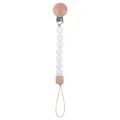 Beechwood pacifier clip with white silicone beads and octagonal wooden bead on white background - White