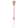 Pink silicone and beech wood pacifier clip with geometric bead and metal fastener - Pink