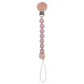 Pink silicone and beech wood pacifier clip with round wooden clasp and hexagon bead - Dusty Rose