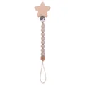 Silicone and beech wood baby pacifier clip with grey beads and star pattern - Khaki