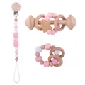 Pink and white baby pacifier clip, star rattle, and wooden teething ring set - Rattle Pacifier Chain Teether Set / Pink