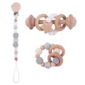 Baby teething set with wooden star rattle and neutral silicone bead pacifier clip - Rattle Pacifier Chain Teether Set / Gray
