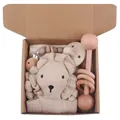 Baby gift set with lion comforter, wooden rattle, pacifier, and bead clip in beige - Beige