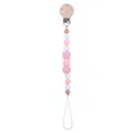 Pink and white handmade wooden pacifier clip with silicone beads and crochet textures - Pacifier Clip / Pink