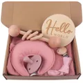 Set de regalo para bebé con doudou luna rosa y chupete de silicona en caja de kraft - Set de 5 piezas / Rosa