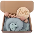 Set de regalo para bebé con peluche luna verde, chupete, sonajero de madera y tarjeta - Set de 5 piezas / Verde Judía