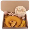 Set regalo bebé con chupete de silicona mostaza, sonajero de madera y muselina de algodón - Set de 5 piezas / Amarillo jengibre