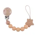 Handmade beech wood and pink silicone bead baby pacifier clip with star pendant - Deep Skin