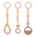 Three-piece baby teething set with wooden rings, silicone beads, and pink bell charms - Rose Pink