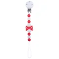 Baby pacifier clip with red and white silicone beads and a red polka dot bow decoration - Red