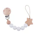 White silicone beads and star-shaped beech wood pacifier clip for baby soothing - White