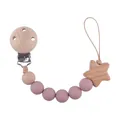 Beech wood and pink silicone bead baby pacifier clip with star pendant and safety clip - Dusty Rose