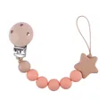 Pink silicone beads and beech wood star baby pacifier clip with secure metal fastener - Rose Pink