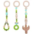 Three-piece baby teething set with beech wood cactus and colorful silicone beads - Avocado Green