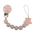 Beech wood pacifier clip with star ornament and taupe silicone beads for babies - Khaki