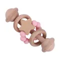 Pink silicone beads and beech wood baby rattle toy for grasping and teething - Pink